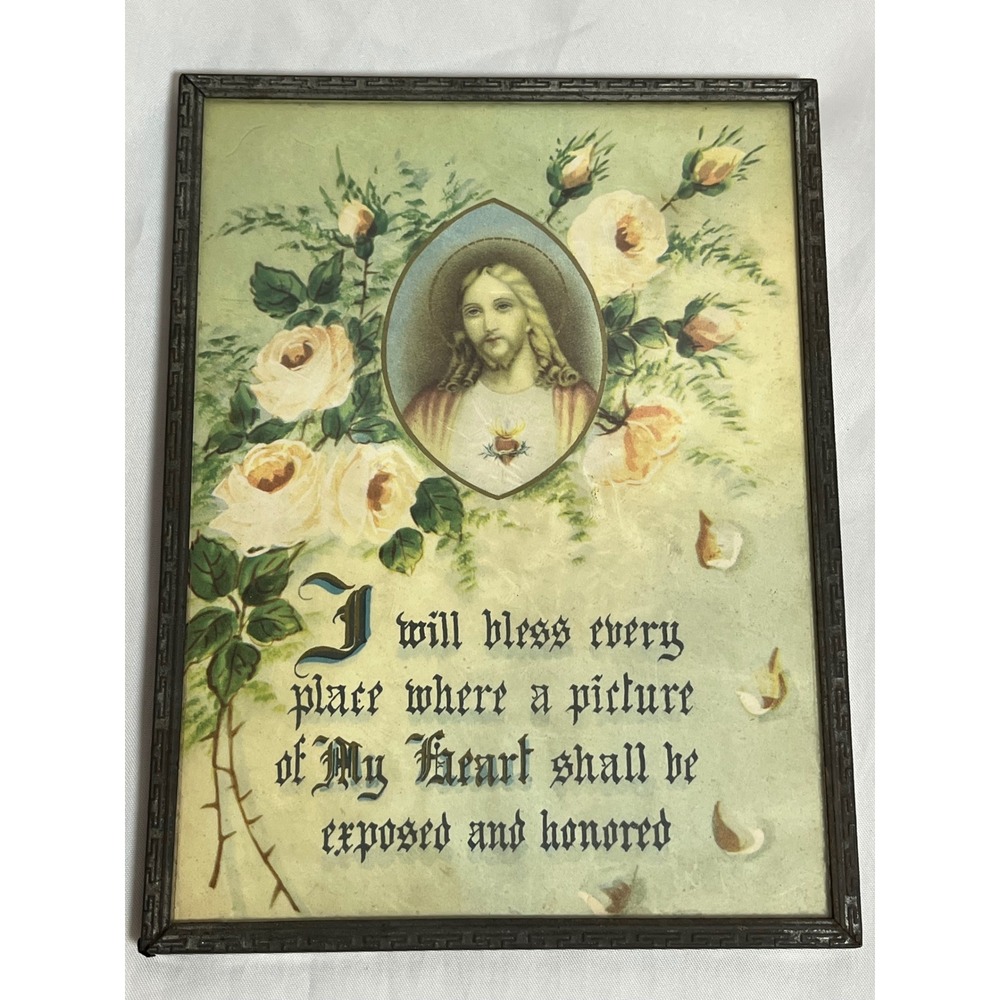 Vintage Sacred Heart of Jesus Framed Lithograph Religious Art Greek Key Frame